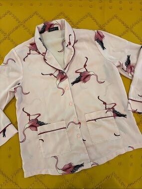 Pink Flamingo Print Silk-Style Button Front Pajama Top/Swim Cover